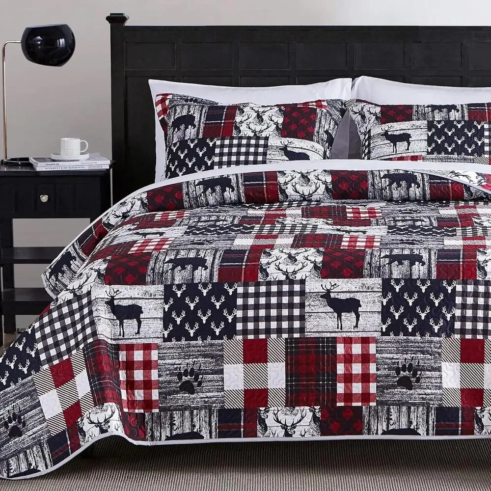 KING Comforter Set Cabin Country Deer Quilt Coverlet 3Pcs